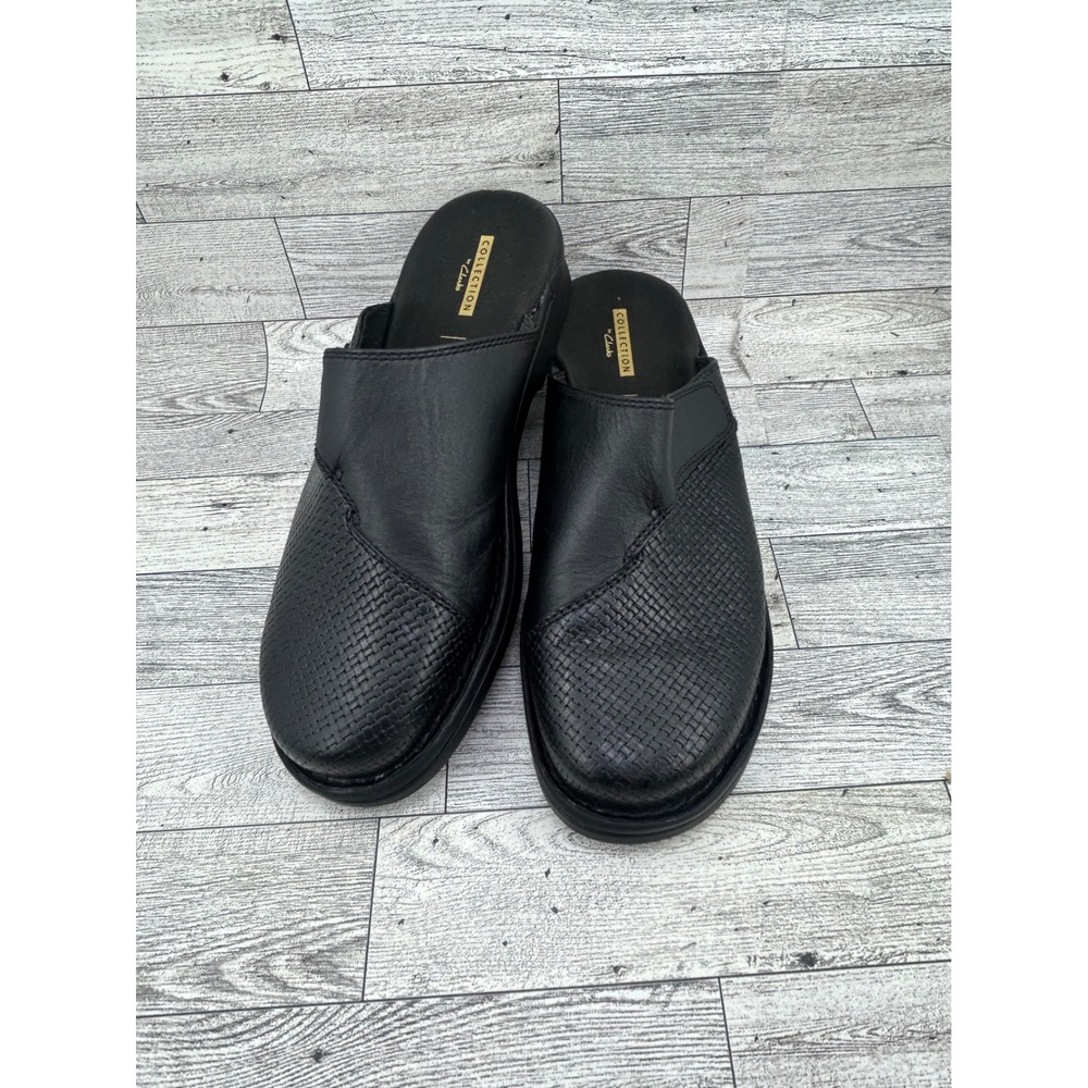 Clarks Collection Black Leather Textured Clogs Mules Women Size 9M